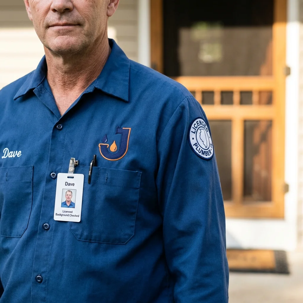 Licensed plumber showing ID badge in Bowling Green, VA