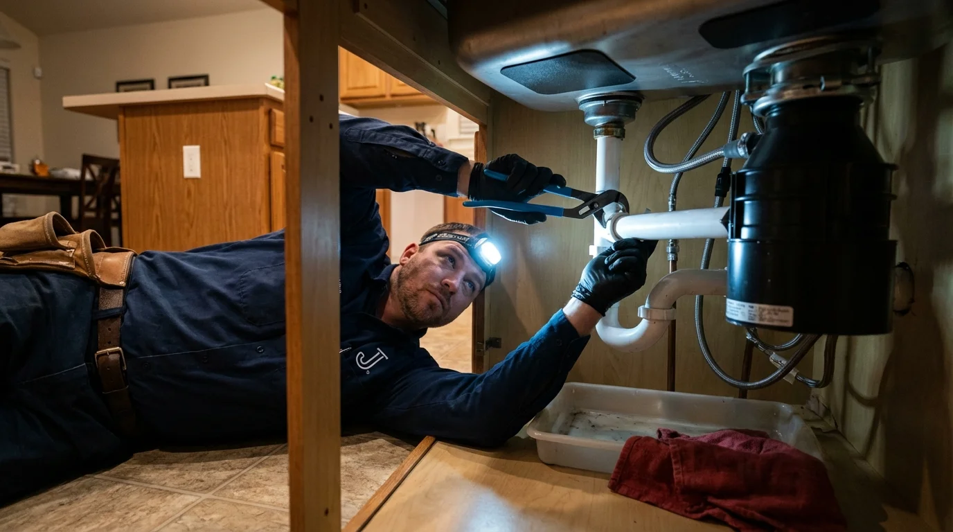 P-trap and supply line connections under a kitchen sink showing a common leak point in Bowling Green, VA